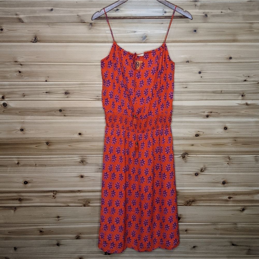 Tory Burch Orange Floral Smocked Silk Dress Size 6